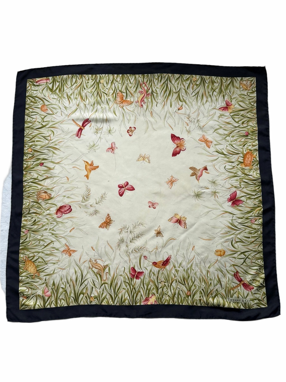 Vintage Tiffany & Co Silk Scarf 34” Square Nature Theme Black Edge Grass Animals